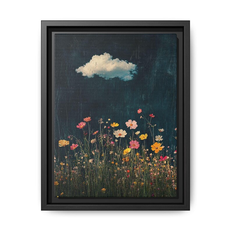 Abstract Wildflowers Fluffy Cloud Wall Art, Inky Black Night Sky Floral