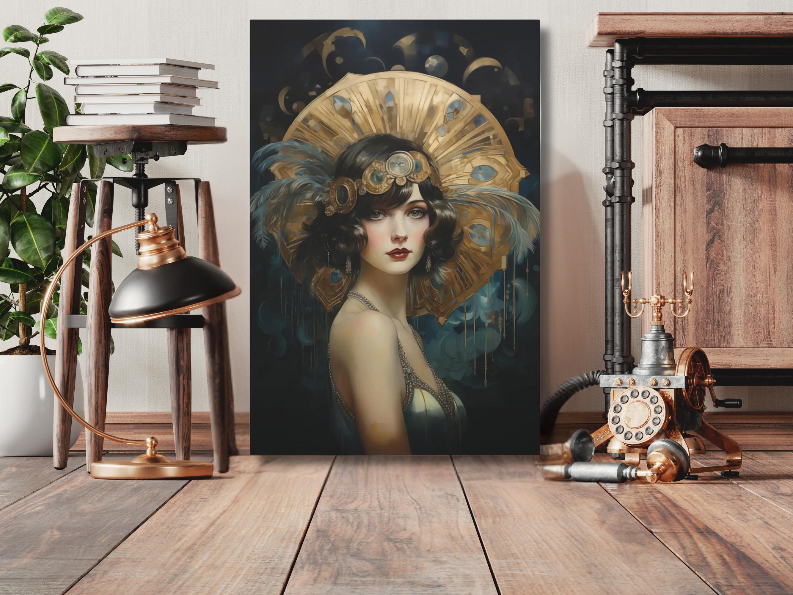 Art Déco Flapper Portrait • 1920s Glamour Print • Gold & Teal Colours ...