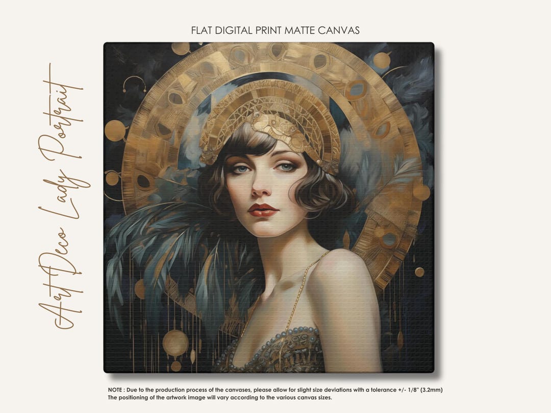 Art Deco Lady Portrait • Gold Teal Canvas Print • Vintage Jazz Age ...