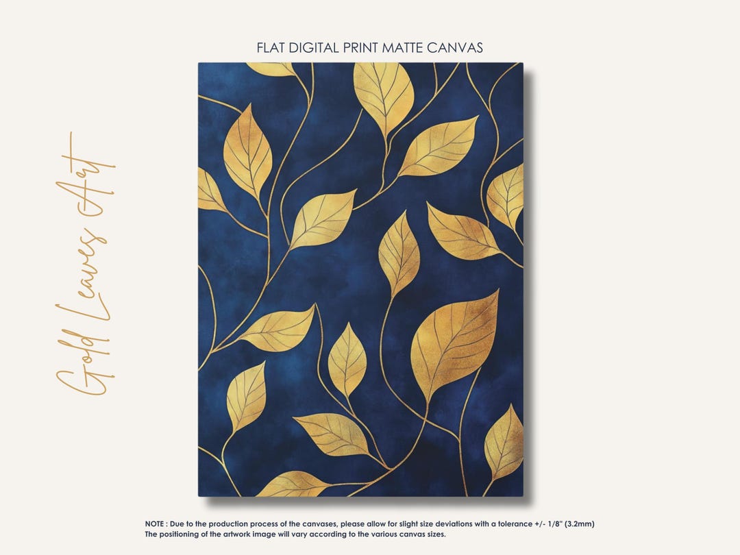 Gold Leaves • Botanical Canvas Print • Elegant Navy Blue Wall Art ...