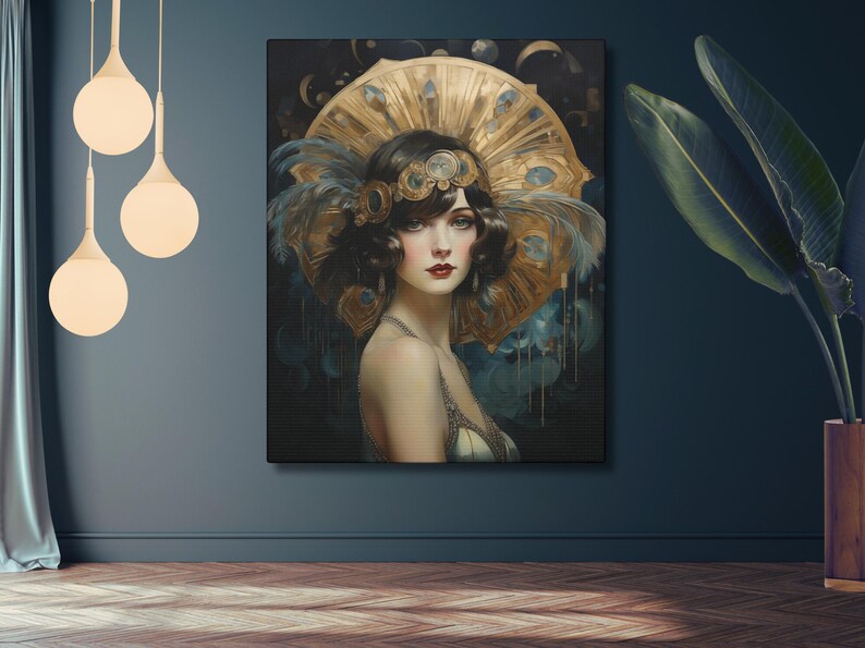 Art Déco Flapper Portrait • 1920s Glamour Print • Gold & Teal Colours ...