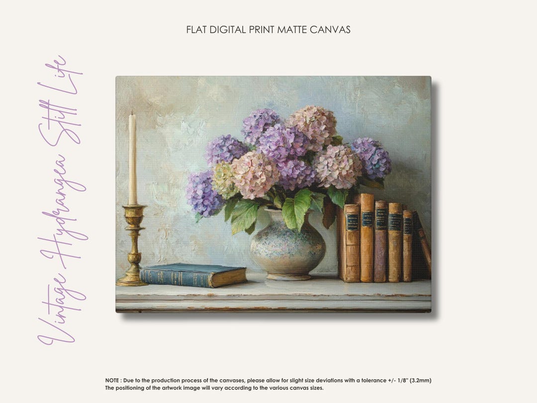 Hydrangeas Still Life Canvas Print • Vintage Books & Candle • Shabby ...
