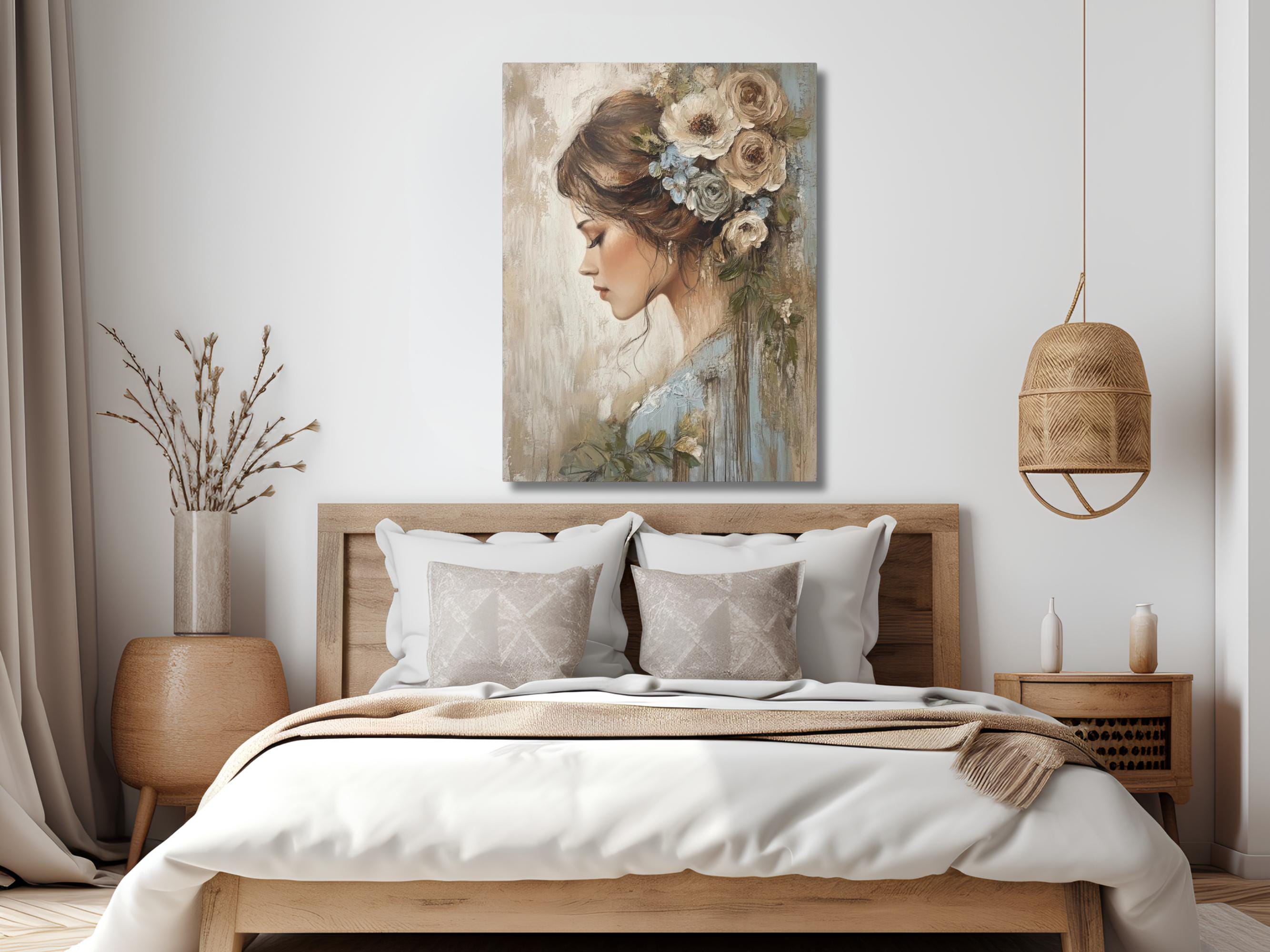 Floral Woman Portrait Canvas Print • Romantic Realism Wall Art • Cream ...