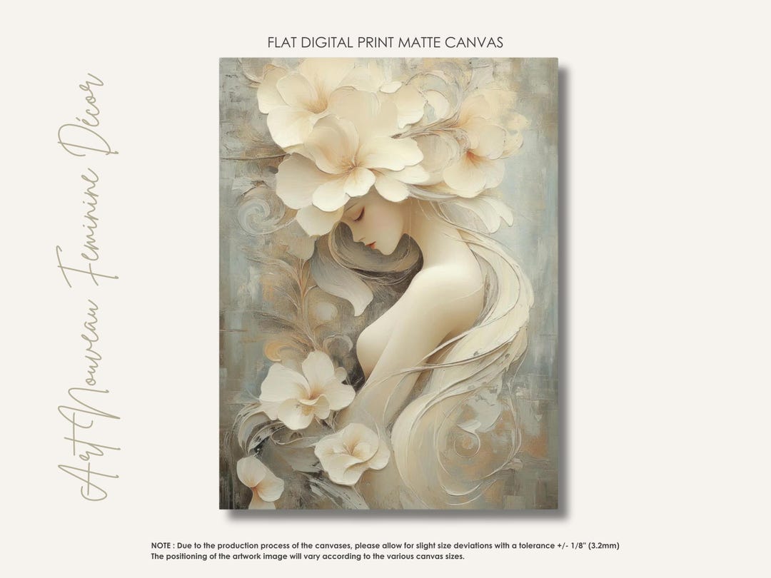 Art Nouveau Woman Portrait • Floral Cream & Gold Canvas Print • 2D Flat ...