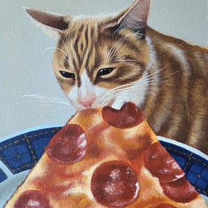 Peinture acrylique originale peinte à la main à bord, drôle de chat tigré orange roux, amateur de pizza 15 x 20 cm
