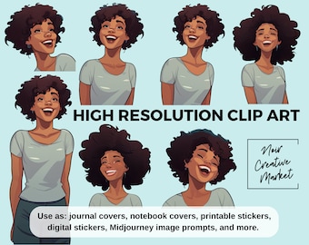 Black Woman Pop Art High-Resolution Clip Art Visual MidJourney Prompt Digital Stickers African-American Happy Black Girls Comic Cartoon