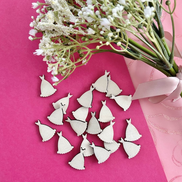 Wooden Confetti, Wedding Dress shaped laser cut scatters for your table, set of 20 to co-ordinate with your Engagement or Hen Do theme.