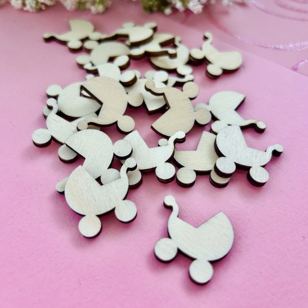 Baby Shower Confetti Pram shapes for your table - wooden sprinkles to coordinate with your theme and compliment your party decorations.