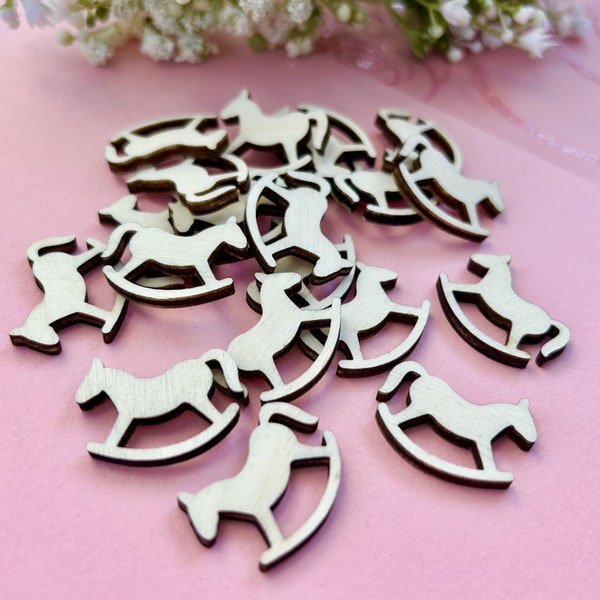 Baby Shower Confetti, Rocking Horse wooden laser cut scatters for your baby party table in a set of 20.