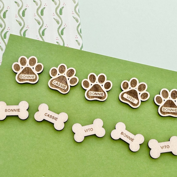 Cute Dog Paw & Bone Table Confetti for your table, personalised with your pet's name, wooden sprinkles to coordinate with your party theme.