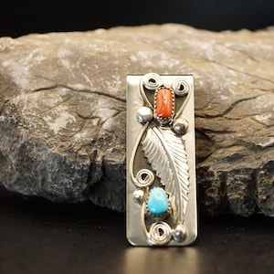 Sterling silver money clip with turquoise feather and red coral stone