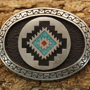 Belt buckle decorative shield nickel, blue, red and black