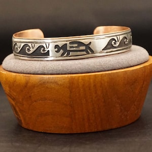 Copper sterling silver bracelet Navajo american turtle with waves