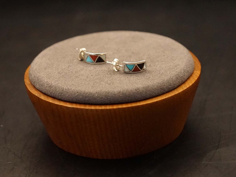 Sterling silver Zuni Indian earrings black, red, turquoise and white image 3