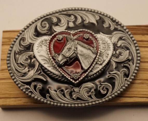 Belt Buckle Horse in Heart on Ornate Shield - Etsy display picture 1