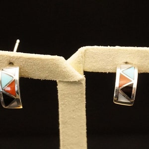 Sterling silver Zuni Indian earrings black, red, turquoise and white image 2