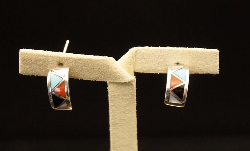 Sterling silver Zuni Indian earrings black, red, turquoise and white image 2