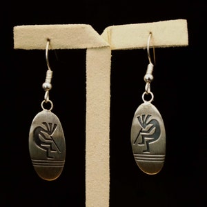 Sterling silver earrings handmade Indian Kokopelli on oval shield