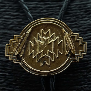 Gold-colored bolo tie - lace tie with Indian characters + feathers