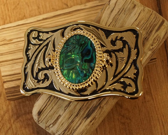 Rare Find Gold & Black Oval Floral Design Shaped Oval Green Stone Belt Buckle Belt Buckle Cowboy Accessory Lily of the Valley in Green  main image 3