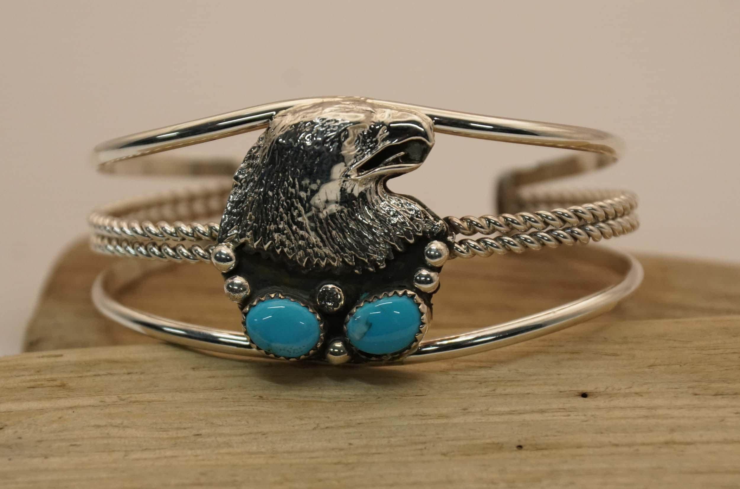 Sterling Silver Native American Bracelet Eagle Head With 2 