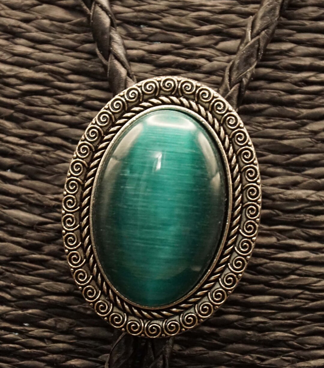 Leather Bolo Tie With Colored Stone in Silver Decorative Edge ...
