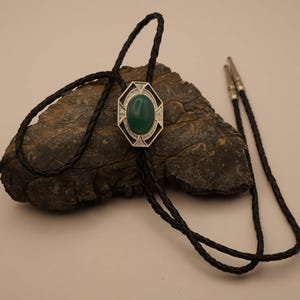 Western bolo tie - lace tie dark green stone in rectangular decorative shield black with silver