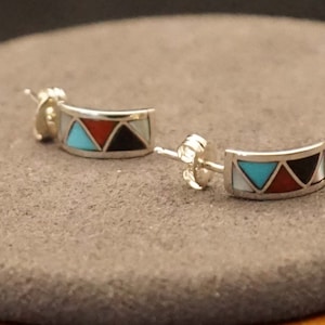 Sterling silver Zuni Indian earrings black, red, turquoise and white image 1