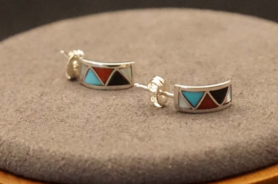 Sterling silver Zuni Indian earrings black, red, … - image 1