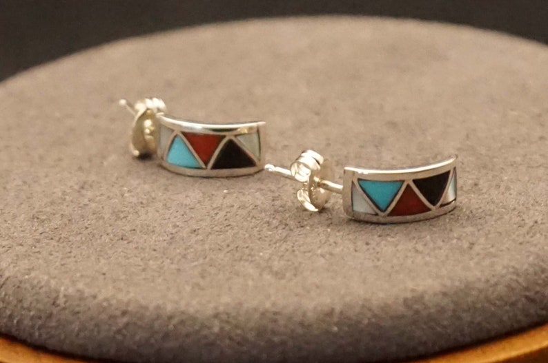 Sterling silver Zuni Indian earrings black, red, turquoise and white image 1