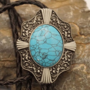 Bolo tie / lace tie turquoise stone in decorative shield nickel color