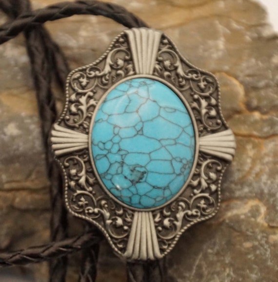 Bolo tie / lace tie turquoise stone in decorative… - image 1