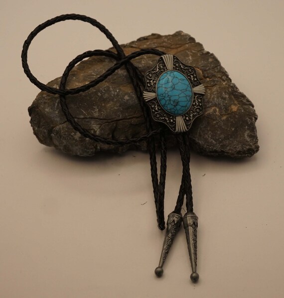 Bolo tie / lace tie turquoise stone in decorative… - image 2