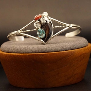 Women&#39;s sterling silver Indian bracelet with hogweed + red and turquoise stones