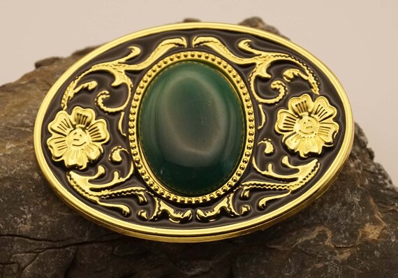 Rare Find Gold & Black Oval Floral Design Shaped Oval Green Stone Belt Buckle Belt Buckle Cowboy Accessory Lily of the Valley in Green  main image 2