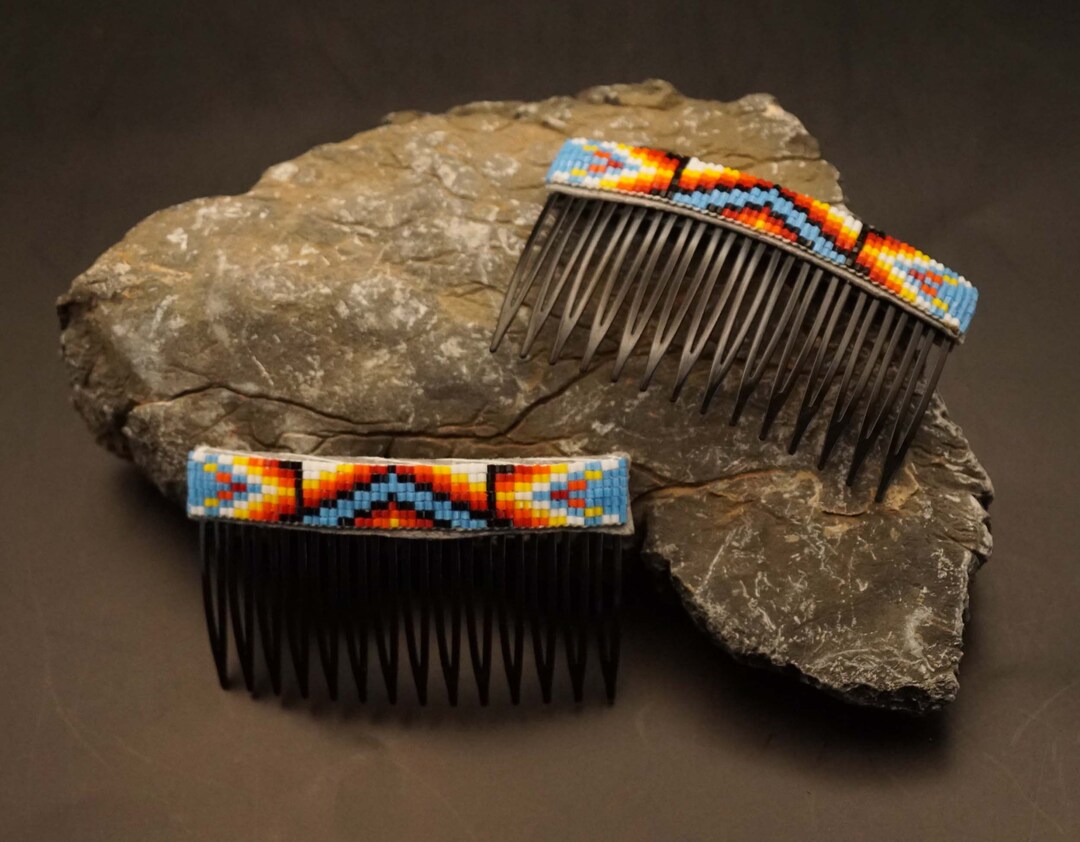 2 Native American Hair Combs With Beads in Blue Etsy