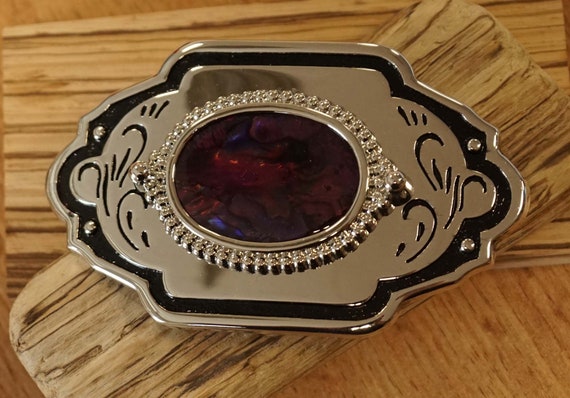 Silver and Black Decorative Belt Buckle Western Black Vein Stone Belt Buckle: Engraved Silver Oval  main image 4