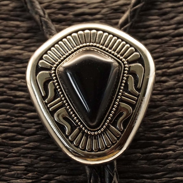 Bolo tie - leather lace tie black triangle stone in nickel shield with decorative marks