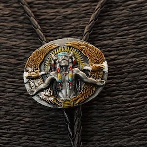 Leather bolo tie - leather lace tie of praying Indian with 2 eagles