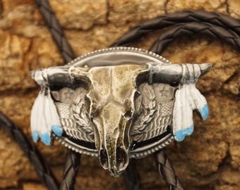 Neck Tie - Bolo Tie Bull Skull with Feathers