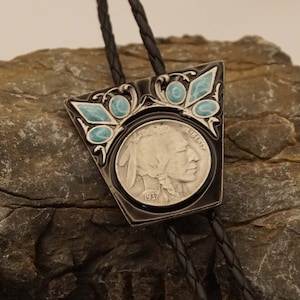 Country bolo tie Indian head on black blue decorative shield