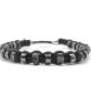 May include: A black and silver beaded bracelet. The bracelet features a series of dark beads interspersed with silver-colored rectangular beads. The bracelet is designed to be worn around the wrist.