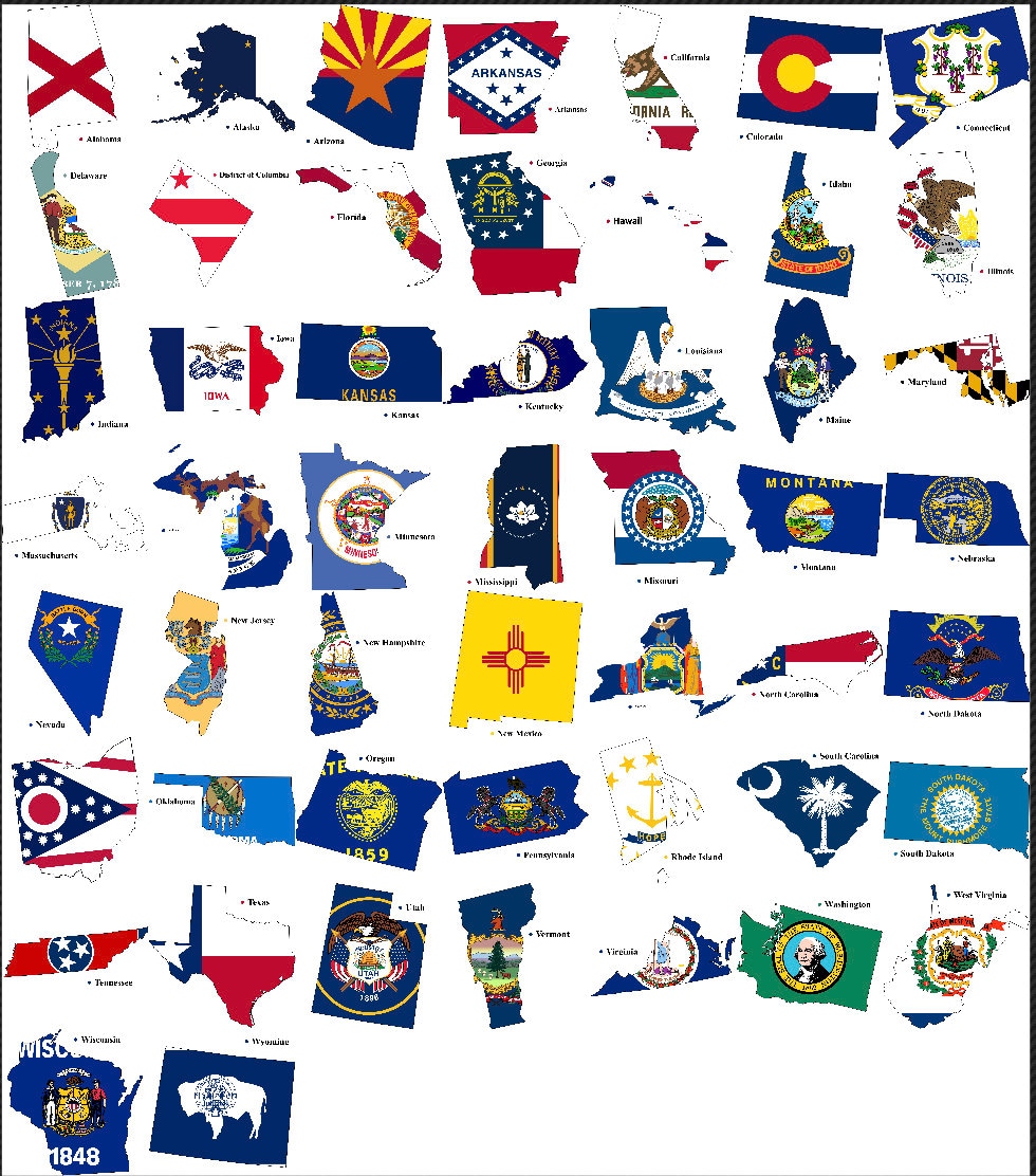 U.S. States Map Outlines With Flags, All USA 50 States Flags Territories, America United States