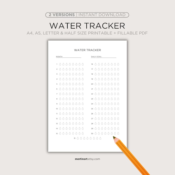 Monthly Water Tracker, 2 Versions Water Challenge, Hydration Tracker, Printable Habit Tracker, Drink Water Reminder, A4/A5/Letter/Half Size