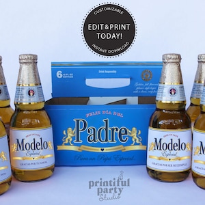 Puede incluir: Seis botellas de cerveza Modelo Especial con etiquetas y tapas doradas están dispuestas alrededor de una caja azul de seis botellas. La caja tiene las palabras "Feliz Día Del Padre" y "Modelo Especial" impresas. La imagen también incluye el texto "Edit & Print Today!"