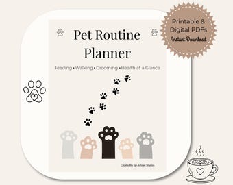Pet Routine Planner Printable PDF | Daily Pet Care Schedule, Feeding and Walking Tracker, Grooming and Vet Log | Dog & Cat Organizer