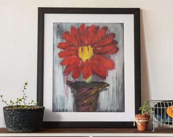 RED FLOWER | Wall Art Decor | Fluid Pop Art Painting | Red Contemporary Art | Art Print on Paper | Gray Modern Abstract Wall Art by Artist