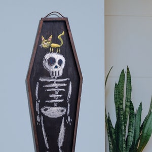 HALLOWEEN SKELETON, Original Halloween Oil Painting on Wooden COFFIN, Skeleton with cat, Large 43&quot; art piece, Direct from Artist. Folk decor
