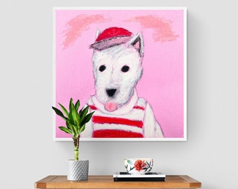 WESTIE Puppy DOG Fine Art Print For Dog Lovers – Sailor Outfit Dog Wall Art Available In Pink Or Gray - Expressive Painting - Contemporary