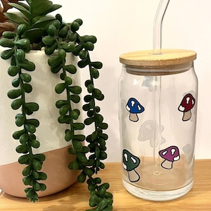 Mushroom glass can, mushroom cottage core lover, cottage core cup, mushroom glass, gifts for her
